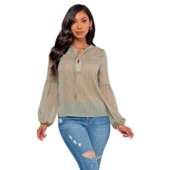 NWT Boho Blouse Sheer Sage Green & Metallic Gold  Top Shirt Puff Sleeve by RBJ - Picture 2 of 4